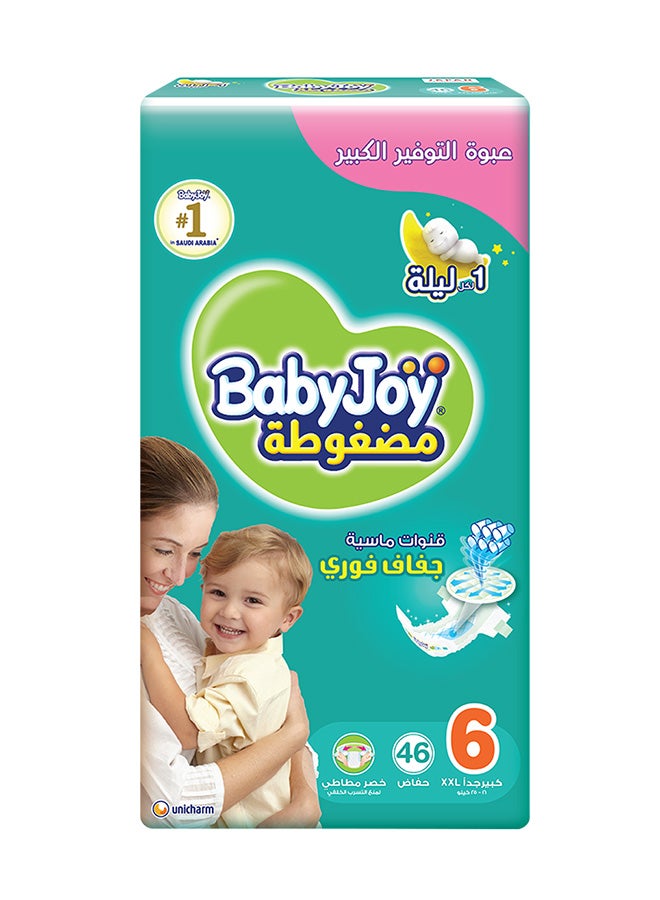 بيبي جوي - حفاضات بحشوة ماسية مضغوطة، مقاس 6 كبير جداً XXL، لوزن من 16 إلى 25 كجم، عبوة كبيرة من 46 حفاضة - Image 1