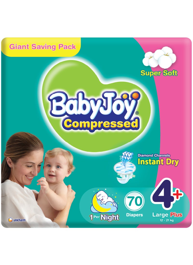 BabyJoy Compressed Diamond Pad Diaper, Size 4+, Large Plus, 12-21 Kg, Giant Pack, 70 Diapers  - Image 1