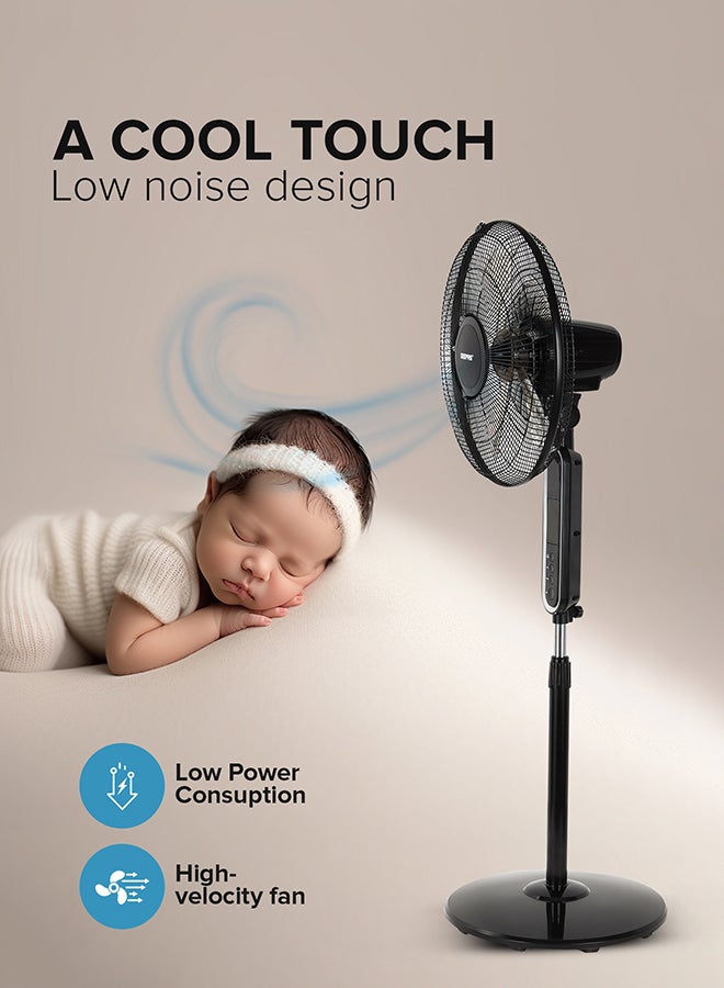 16" Stand Fan with Remote Control |  1250 RPM, Modern Design, Pedestal Fans with Adjustable Oscillation, Efficient 60 W Motor for Better Cooling, Timer, 3 Modes, Natural, Normal and Sleeping| Perfect for Home, Office, Study Room Etc.| 2 Years Warranty 60 W GF21112Y Black