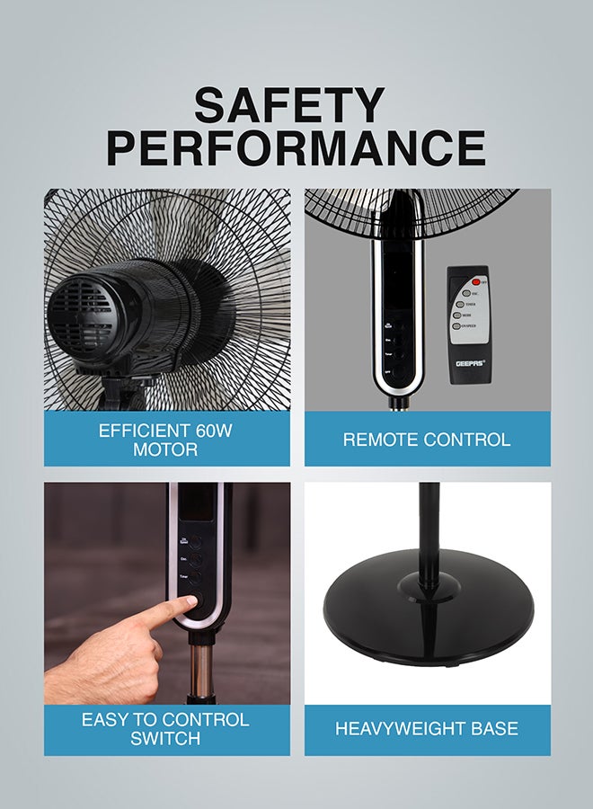 16" Stand Fan with Remote Control |  1250 RPM, Modern Design, Pedestal Fans with Adjustable Oscillation, Efficient 60 W Motor for Better Cooling, Timer, 3 Modes, Natural, Normal and Sleeping| Perfect for Home, Office, Study Room Etc.| 2 Years Warranty 60 W GF21112Y Black