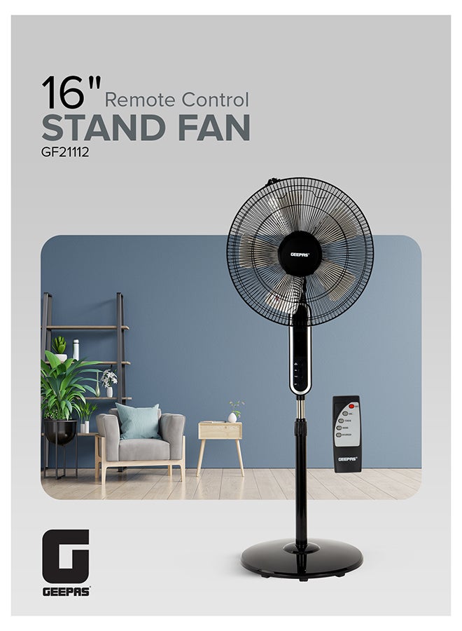 GEEPAS 16" Stand Fan with Remote Control |  1250 RPM, Modern Design, Pedestal Fans with Adjustable Oscillation, Efficient 60 W Motor for Better Cooling, Timer, 3 Modes, Natural, Normal and Sleeping| Perfect for Home, Office, Study Room Etc.| 2 Years Warranty 60 W GF21112Y Black - Image 1