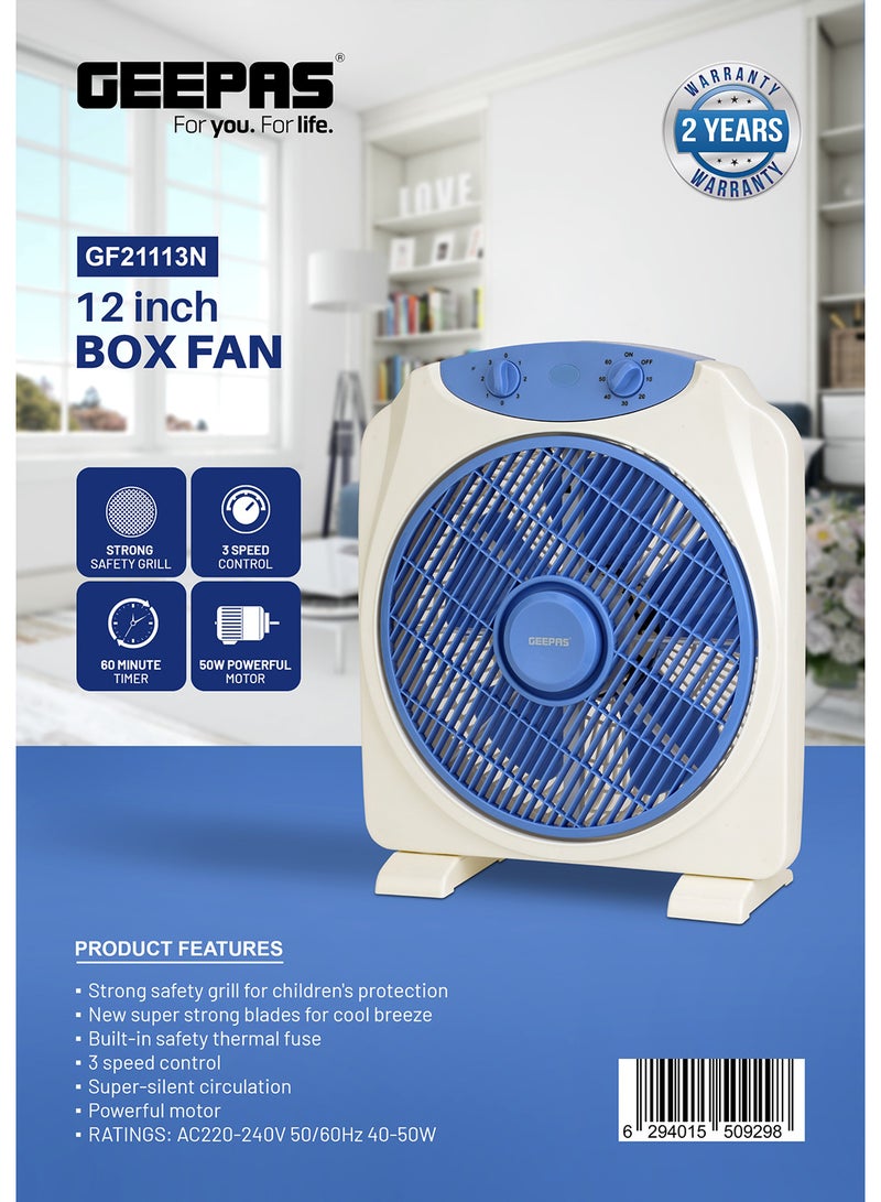 GEEPAS - 12 Inch Powerful Personal 3 Speed Box Fan with Copper Motor, Portable Desk Fan With  Fan Guard, Table Fan for Office and Home, 60 Minutes Timer GF21113N Blue, White - Image 1