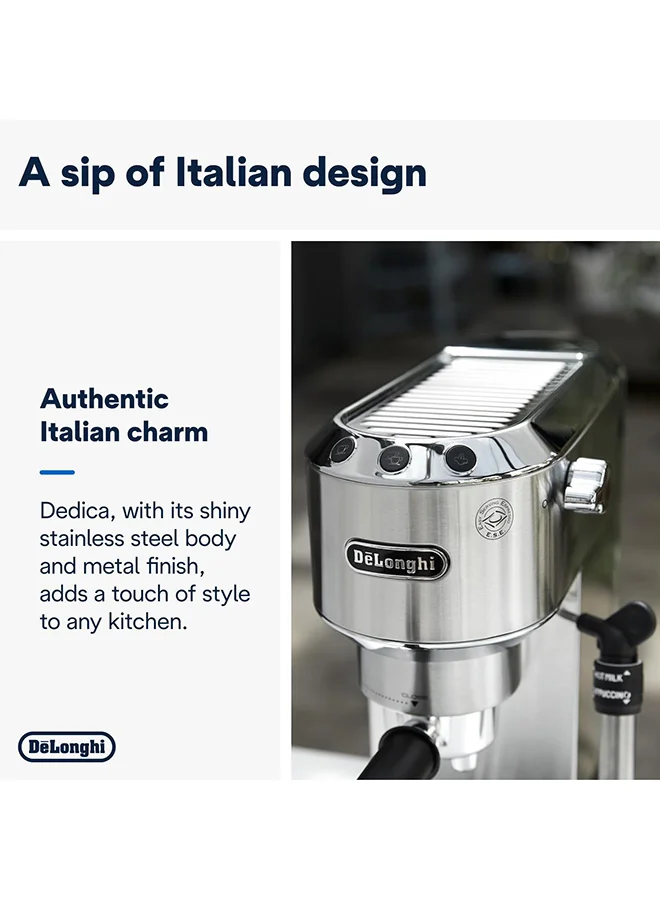 De'Longhi Dedica Coffee Machine, Barista Pump Espresso and Cappuccino Maker, Ground Coffee and ESE Pods can be used, Milk Frother for Latte Macchiato and more