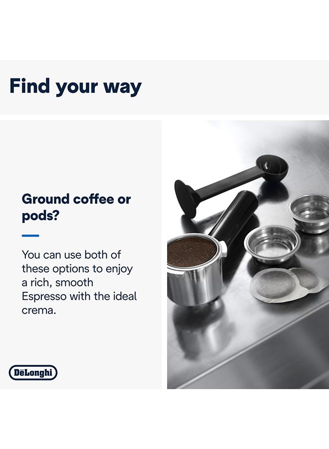 De'Longhi Dedica Coffee Machine, Barista Pump Espresso and Cappuccino Maker, Ground Coffee and ESE Pods can be used, Milk Frother for Latte Macchiato and more 1.1 L 1450 W EC685.M Silver - Image 4