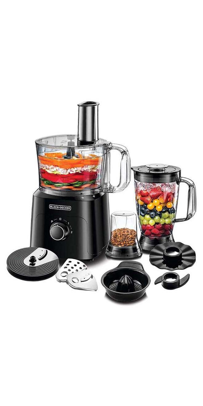 بلاك اند ديكر معالج الطعام 5 في 1 ، وعاء معالجة سعة 2 لتر، وعاء خلاط سعة 1.8 لتر مع شفرات من الفولاذ المقاوم للصدأ، 34 وظيفة للتقطيع، والتقطيع، والتفريغ، تصميم مدمج، 750 W FX775-B5 أسود - Image 1