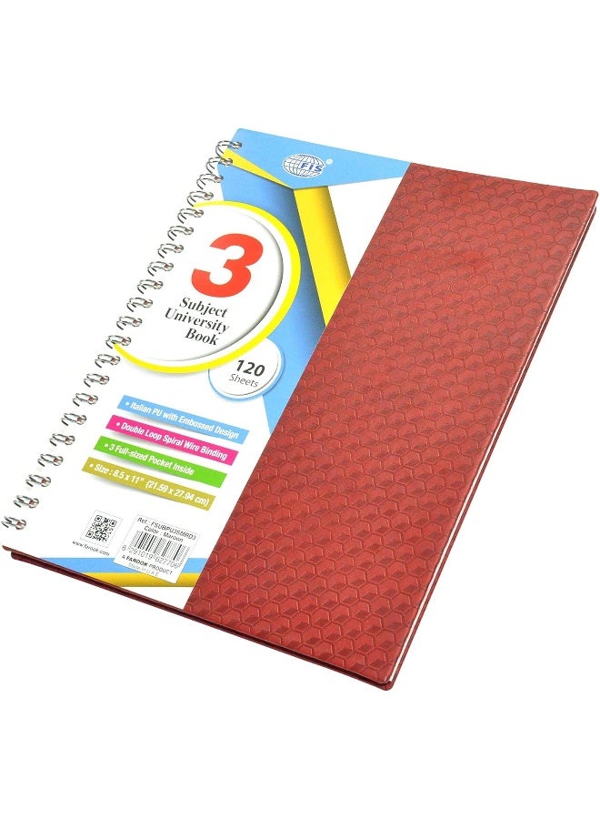 FIS Italian PU Spiral Cover University Notebook, 120 Sheets, 3 Subject, 8.5 x 11 Inch Multi Color - Image 1