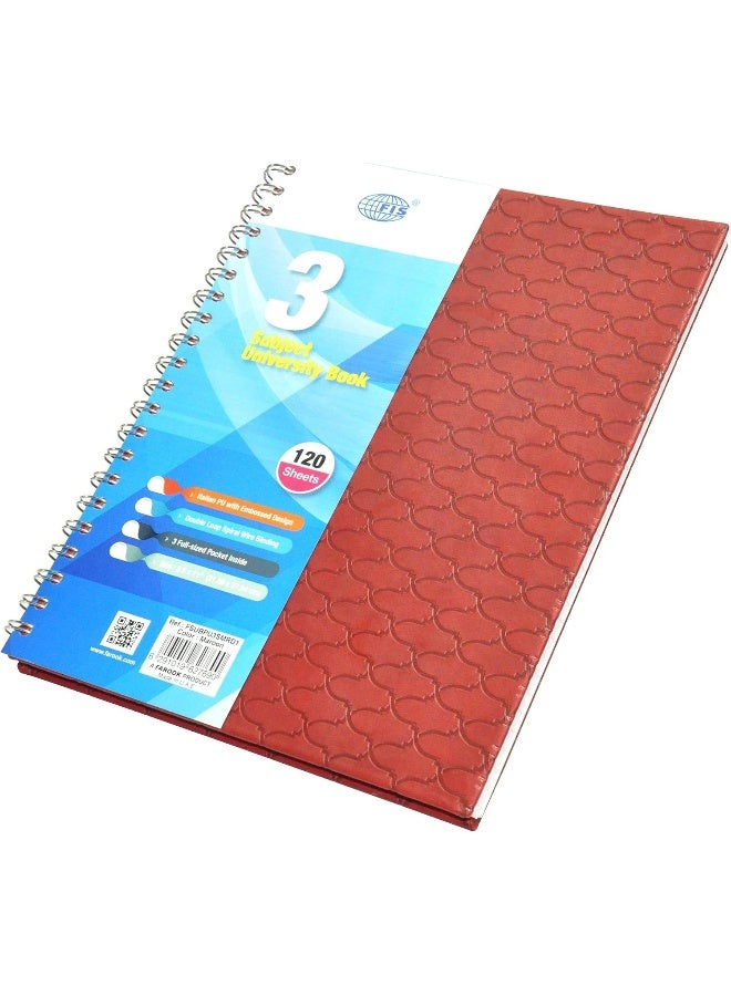 FIS Italian PU Spiral Cover University Notebook, 120 Sheets, 3 Subject, 8.5 x 11 Inch Maroon - Image 1