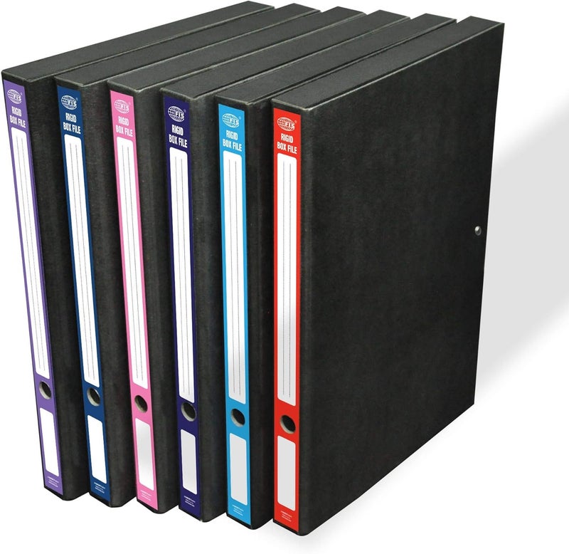 FIS Rigid Box Files Set of 6, Foolscap Size with Assorted Spine Colors Black - Image 1