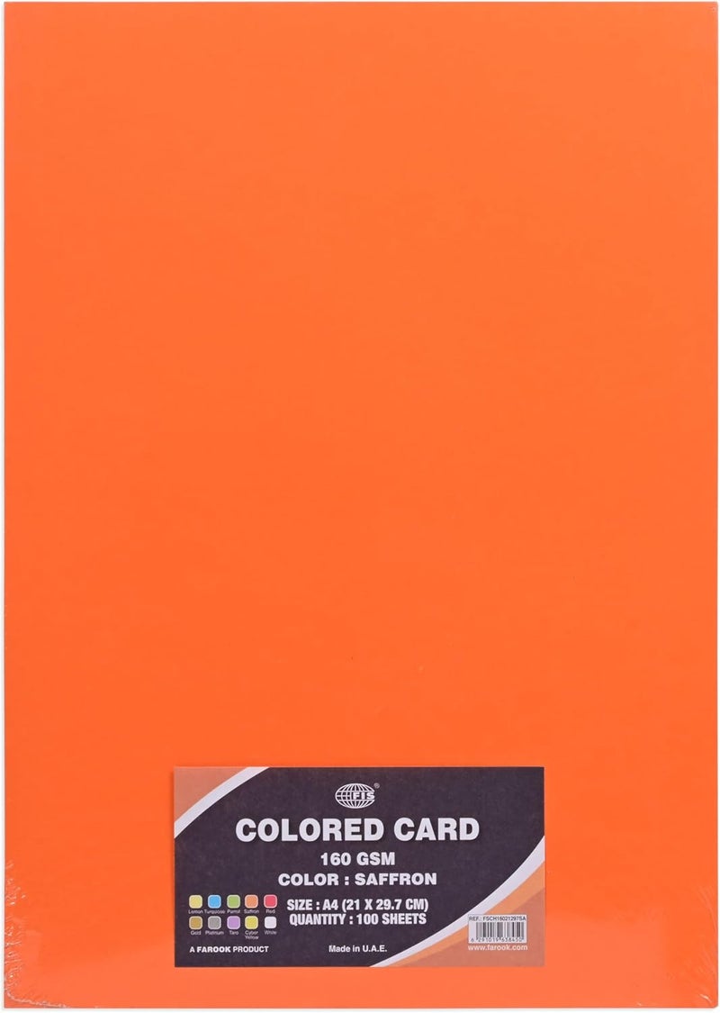 FIS Saffron Colored Card Pack - 100 A4 Sheets, 160 GSM - Image 1