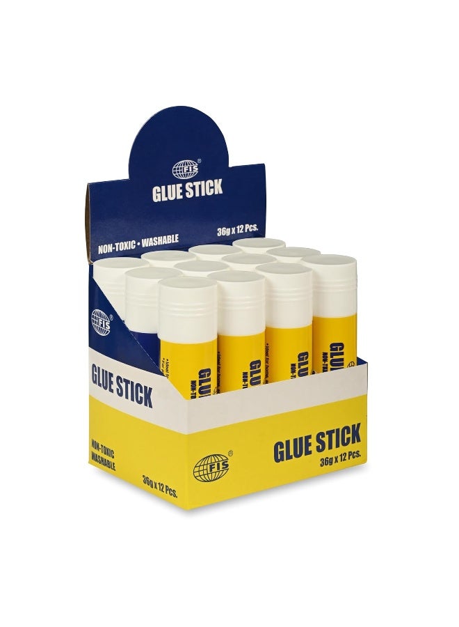 FIS Non-Toxic Washable White Glue Stick, 36g, Box of 12 Pieces White - Image 1