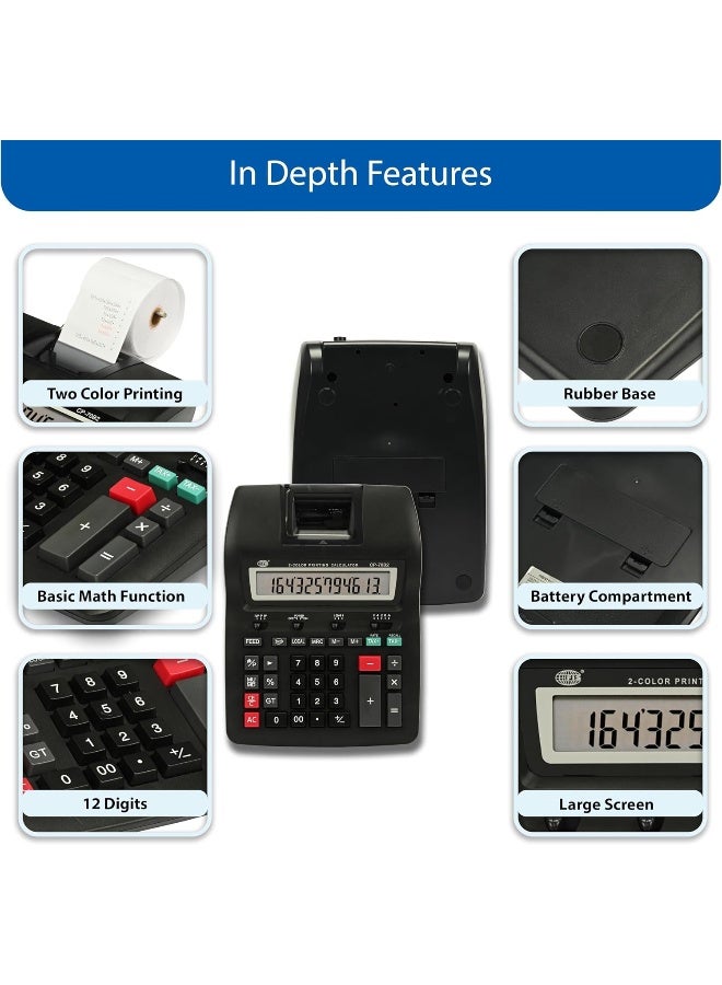 FIS 2-Color Printing Calculator, 12 Digits, Black, Includes Paper Roll and Batteries Black - Image 3