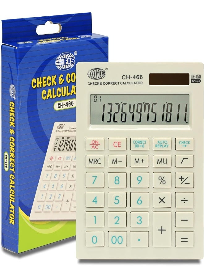 FIS Check and Correct Calculator, 12 Digits, Solar Powered with Auto Replay Functions White/Black/Blue - Image 2