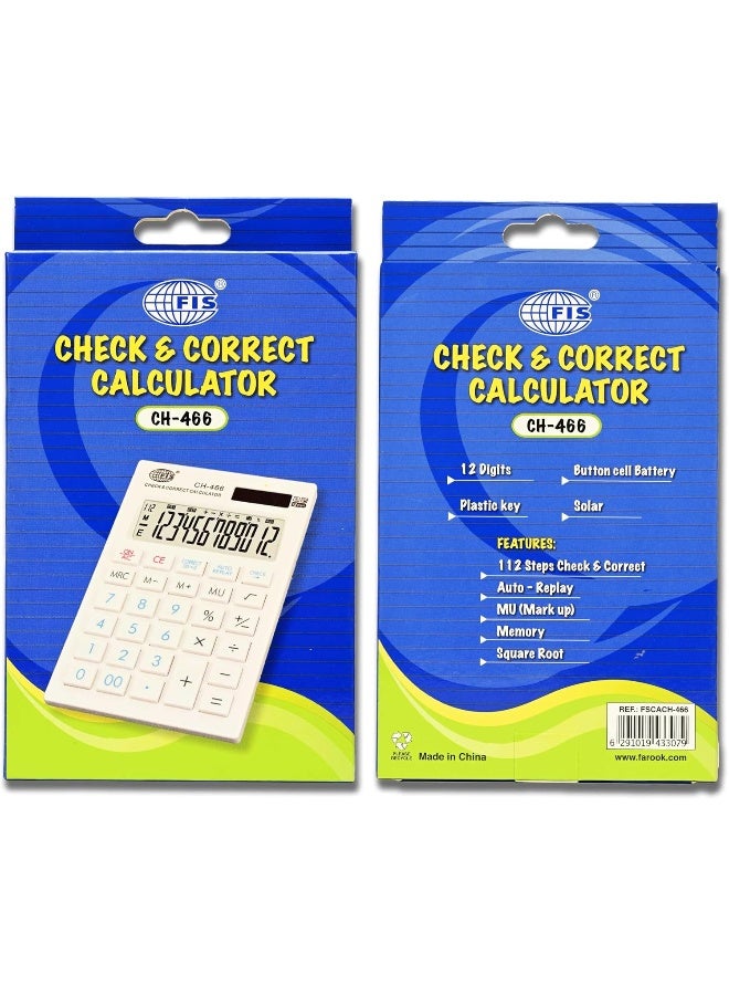 FIS Check and Correct Calculator, 12 Digits, Solar Powered with Auto Replay Functions White/Black/Blue - Image 5