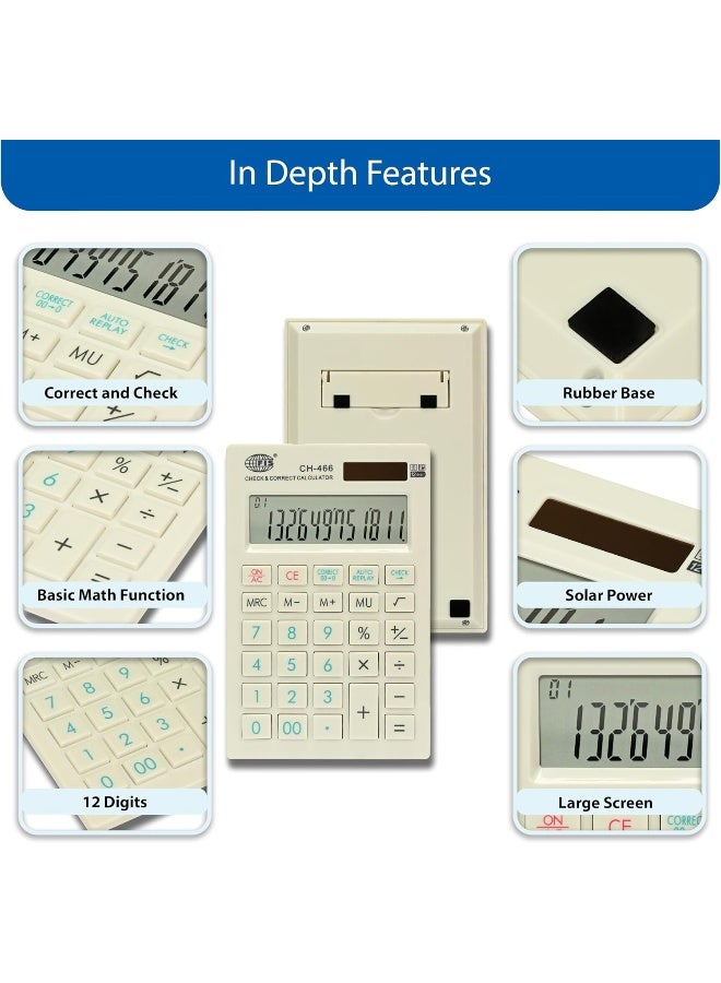 FIS Check and Correct Calculator, 12 Digits, Solar Powered with Auto Replay Functions White/Black/Blue - Image 3