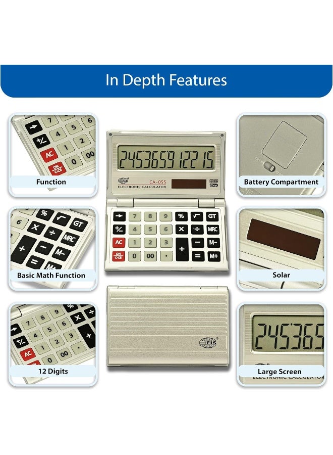 FIS Handheld Calculator 12 Digits with Metal Body and Solar Power - Model FSCACA-055 Silver - Image 3