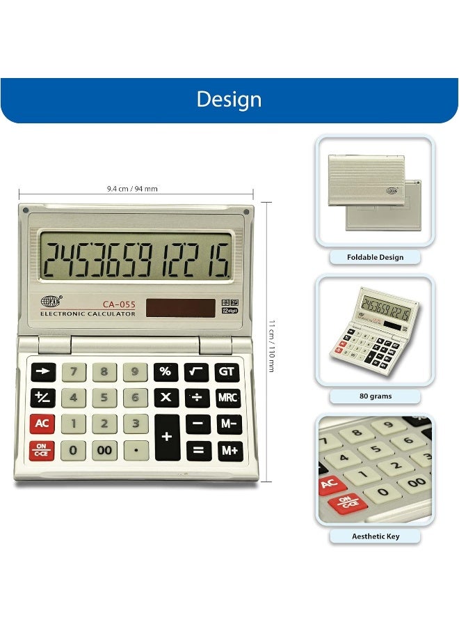FIS Handheld Calculator 12 Digits with Metal Body and Solar Power - Model FSCACA-055 Silver - Image 4