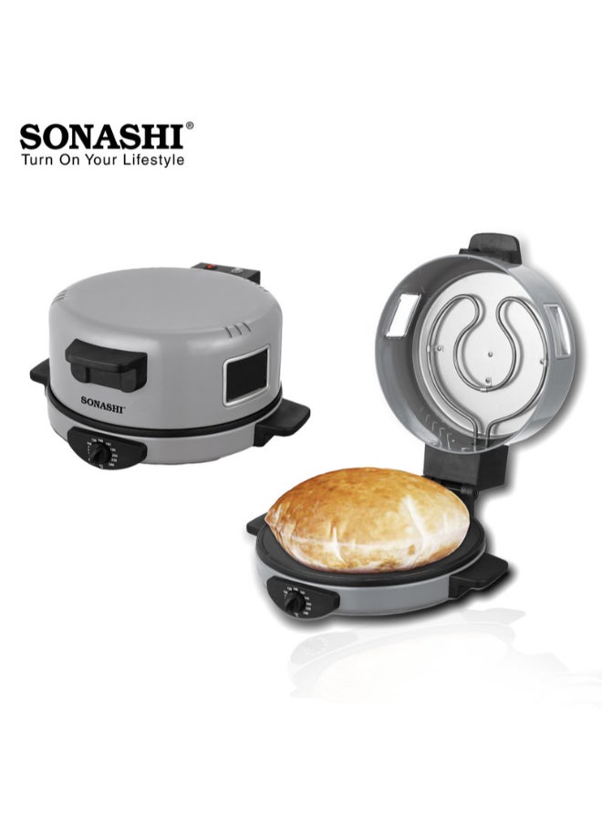 SONASHI 2-in-1 Arabic Bread & Pizza Maker | Adjustable Temperature | 30CM Baking Plate with Adjustable Temperature Control 180-240, 2.5mm Thick Die Cast Cooking Plate & ON/OFF Switch 1800 W SABM-863 Silver/Black 