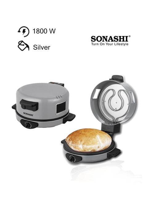 2-in-1 Arabic Bread & Pizza Maker | Adjustable Temperature | 30CM Baking Plate with Adjustable Temperature Control 180-240, 2.5mm Thick Die Cast Cooking Plate & ON/OFF Switch 1800 W SABM-863 Silver/Black
