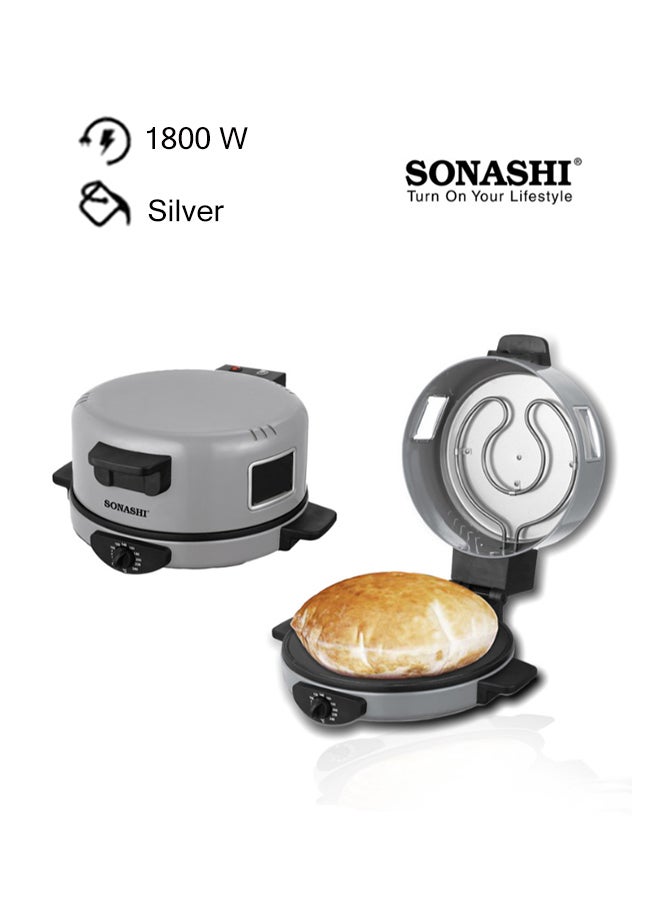SONASHI 2-in-1 Arabic Bread & Pizza Maker | Adjustable Temperature | 30CM Baking Plate with Adjustable Temperature Control 180-240, 2.5mm Thick Die Cast Cooking Plate & ON/OFF Switch 1800 W SABM-863 Silver/Black - Image 1