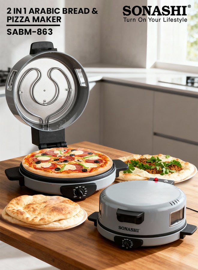 SONASHI 2-in-1 Arabic Bread & Pizza Maker | Adjustable Temperature | 30CM Baking Plate with Adjustable Temperature Control 180-240, 2.5mm Thick Die Cast Cooking Plate & ON/OFF Switch 1800 W SABM-863 Silver/Black - Image 1