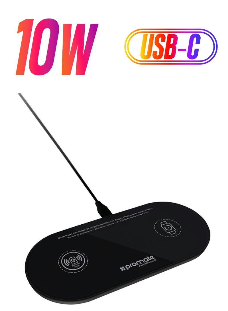 PROMATE - Qi Wireless Charger Pad, 10W Ultra-Slim Dual Qi Charging station with Anti-Slip Surface, USB Type-C Input, Over Charging Protection and USB Charging Port for Apple Watch and Qi-Enabled Smartphones, AuraBase-2 Black Black - Image 1