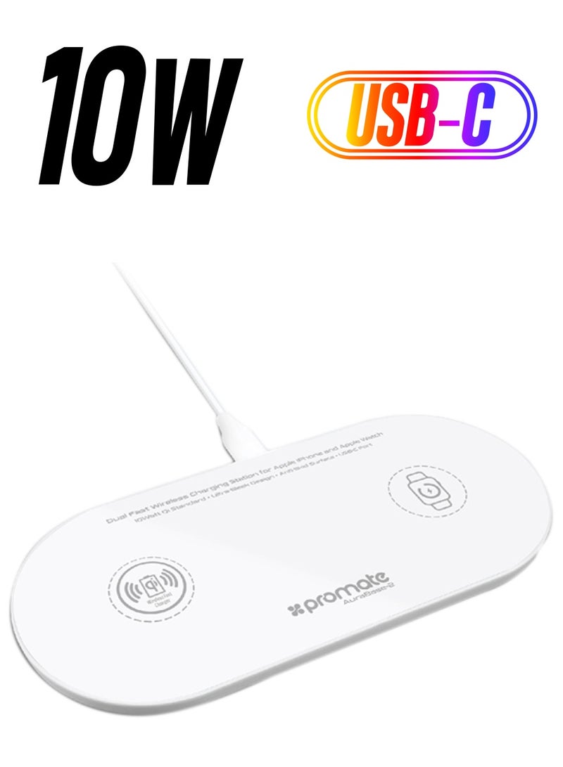 PROMATE - Qi Wireless Charger Pad, 10W Ultra-Slim Dual Qi Charging station with Anti-Slip Surface, USB Type-C Input, Over Charging Protection and USB Charging Port for Apple Watch and Qi-Enabled Smartphones, AuraBase-2 White White - Image 1