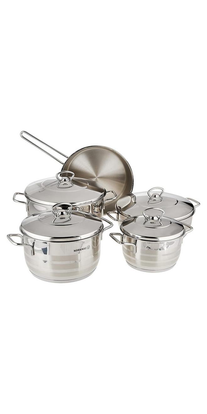 Korkmaz Astra 9 Pcs Stainless Steel Cookware Set | Induction Compatible Pots and Pans Set | Silver - KA1900 Silver - Image 1