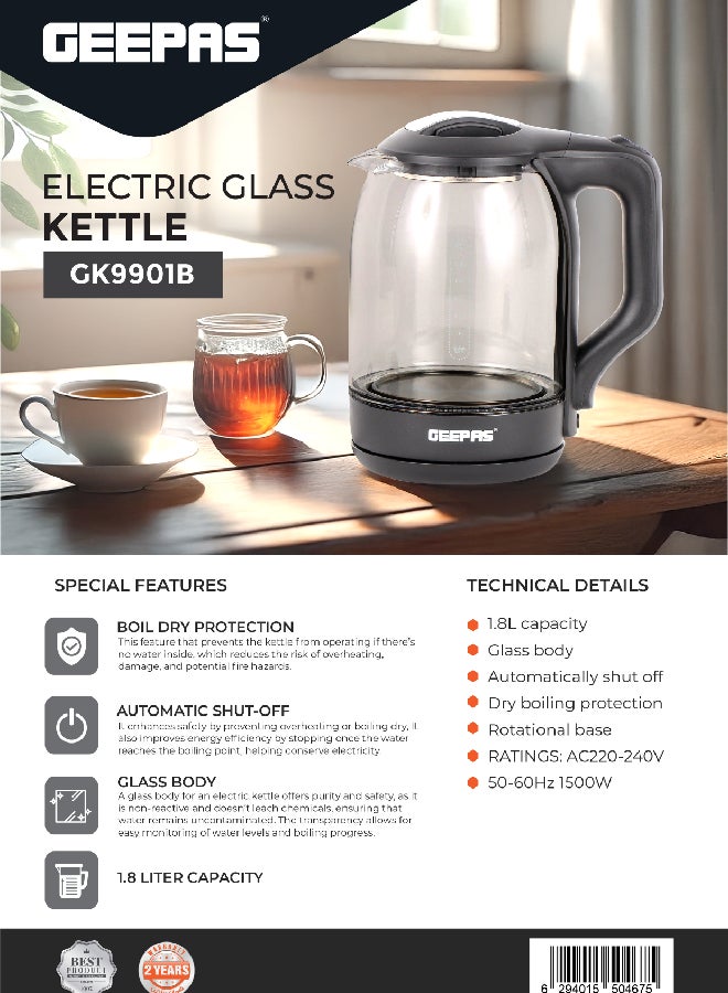 GEEPAS - 1.8 liter Electric Glass Kettle| Boil Dry Protection and Automatic Cut-Off | Perfect for Boiling Water, Milk, Tea| 1500 W Cool Touch Handle, Rotational Base, and Easy Clean Wide Opening| 2 Years Warranty 1.8 L 1500 W GK9901B Dark Brown/Clear - Image 1