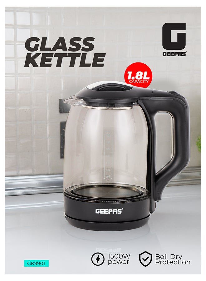 GEEPAS 1.8 liter Electric Glass Kettle| Boil Dry Protection and Automatic Cut-Off | Perfect for Boiling Water, Milk, Tea| 1500 W Cool Touch Handle, Rotational Base, and Easy Clean Wide Opening| 2 Years Warranty 1.8 L 1500 W GK9901B Black/Clear - Image 1
