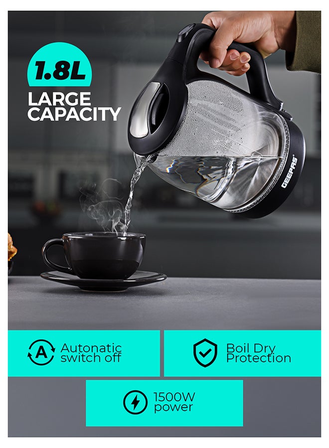 GEEPAS 1.8 liter Electric Glass Kettle| Boil Dry Protection and Automatic Cut-Off | Perfect for Boiling Water, Milk, Tea| 1500 W Cool Touch Handle, Rotational Base, and Easy Clean Wide Opening| 2 Years Warranty 1.8 L 1500 W GK9901B Black/Clear - Image 2