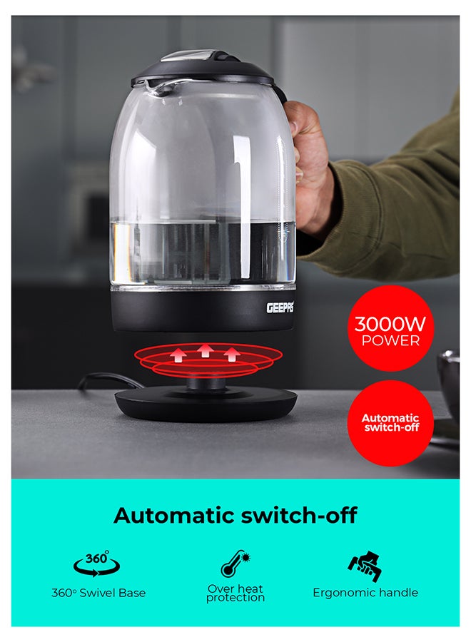 GEEPAS 1.8 liter Electric Glass Kettle| Boil Dry Protection and Automatic Cut-Off | Perfect for Boiling Water, Milk, Tea| 1500 W Cool Touch Handle, Rotational Base, and Easy Clean Wide Opening| 2 Years Warranty 1.8 L 1500 W GK9901B Black/Clear - Image 3