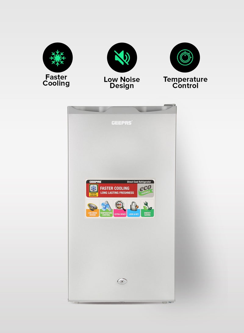 Defrost Mini Fridge 110L Capacity With Lamp, Door Lock & Key | Low Noise Design, Compact, Powerful Compressor, Energy Saving, Faster Cooling, Adjustable Thermostat GRF115SPEH Silver