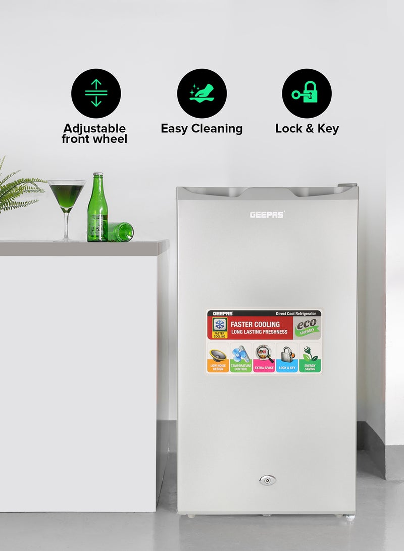 Defrost Mini Fridge 110L Capacity With Lamp, Door Lock & Key | Low Noise Design, Compact, Powerful Compressor, Energy Saving, Faster Cooling, Adjustable Thermostat GRF115SPEH Silver