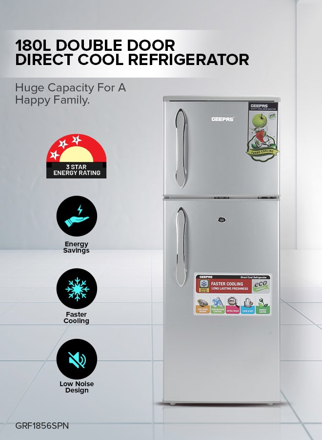 GEEPAS 180LGross/ 132L Net Capacity, Double Door Refrigerator - Durable Double Door Refrigerator, Fast Cooling & Preserves Freshness, Low Noise, Energy Efficient, In-Built Deodorizer, Tempered Glass Shelves , Freezer Capacity-34L 120 W 120 W GRF1856SPN Silver - Image 2
