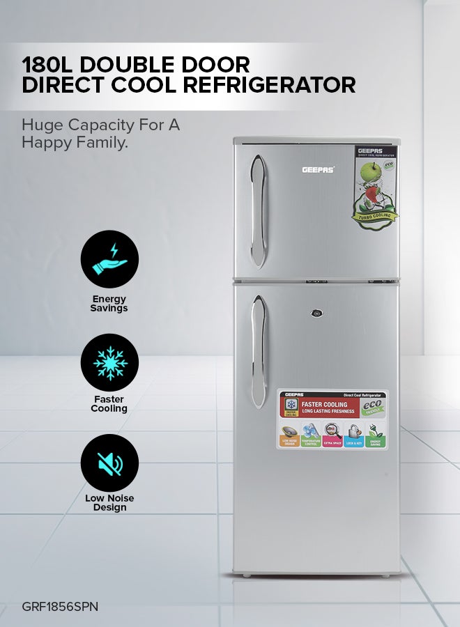 GEEPAS 180LGross/ 132L Net Capacity, Double Door Refrigerator - Durable Double Door Refrigerator, Fast Cooling & Preserves Freshness, Low Noise, Energy Efficient, In-Built Deodorizer, Tempered Glass Shelves , Freezer Capacity-34L 120 W 120 W GRF1856SPN Silver - Image 2