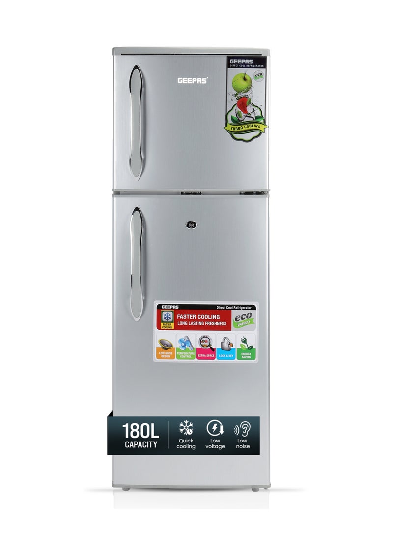 GEEPAS 180LGross/ 132L Net Capacity, Double Door Refrigerator - Durable Double Door Refrigerator, Fast Cooling & Preserves Freshness, Low Noise, Energy Efficient, In-Built Deodorizer, Tempered Glass Shelves , Freezer Capacity-34L 120 W 120 W GRF1856SPN Silver - Image 1