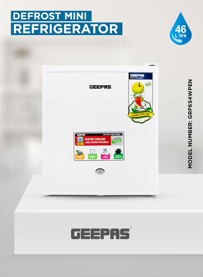 GEEPAS Defrost Mini Fridge With Door Lock and Key, Low Noise Design, Compact, Powerful Compressor, Energy Saving, Fast Freezing, Adjustable Thermostat 46 L GRF654WPEN White 