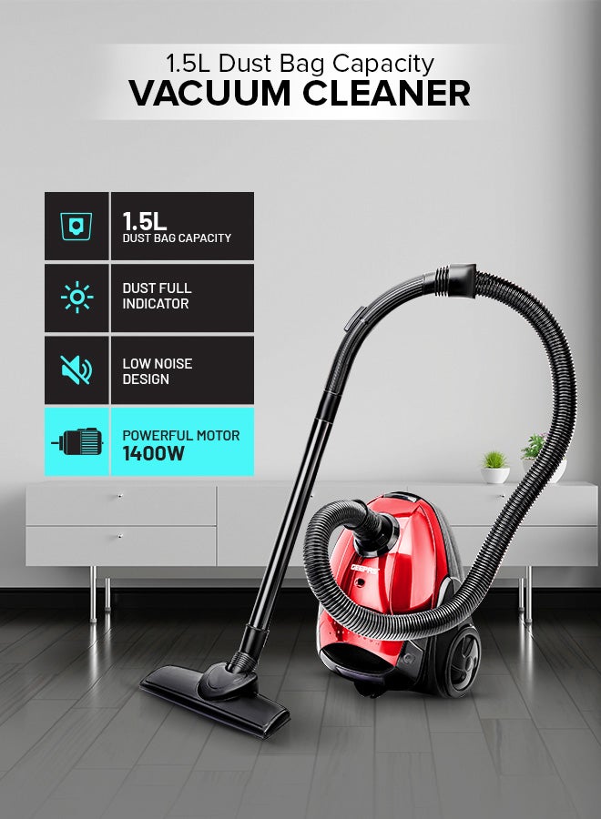 GEEPAS "Preview Vacuum Cleaner With Powerful Suction, Low Noise Design, Dust Full Indicator, Flexible Hose With Air Flow On Handle, Plastic Insert Tube, Dustbag 1.5L, Pedal Switch And Auto Rewinding Wire" 1.5 L 1400 W GVC2595 Red, Black - Image 1