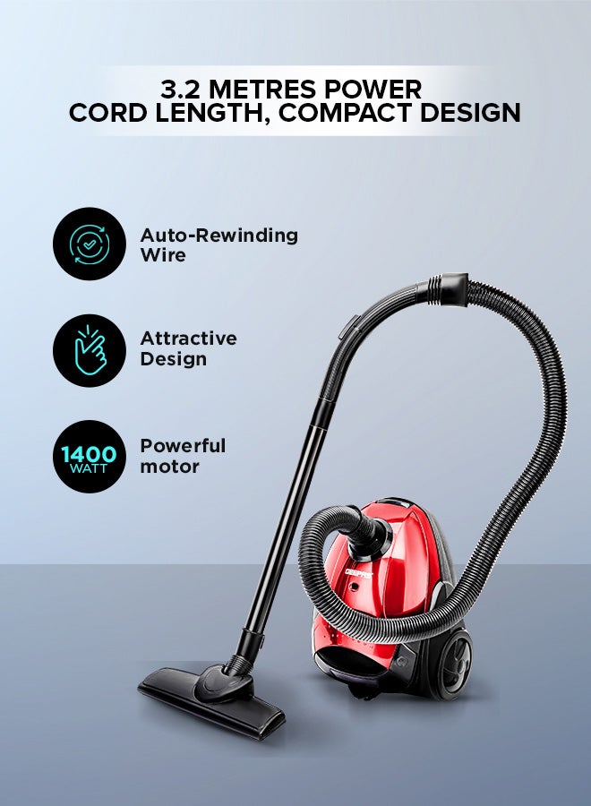 GEEPAS "Preview Vacuum Cleaner With Powerful Suction, Low Noise Design, Dust Full Indicator, Flexible Hose With Air Flow On Handle, Plastic Insert Tube, Dustbag 1.5L, Pedal Switch And Auto Rewinding Wire" 1.5 L 1400 W GVC2595 Red, Black - Image 4