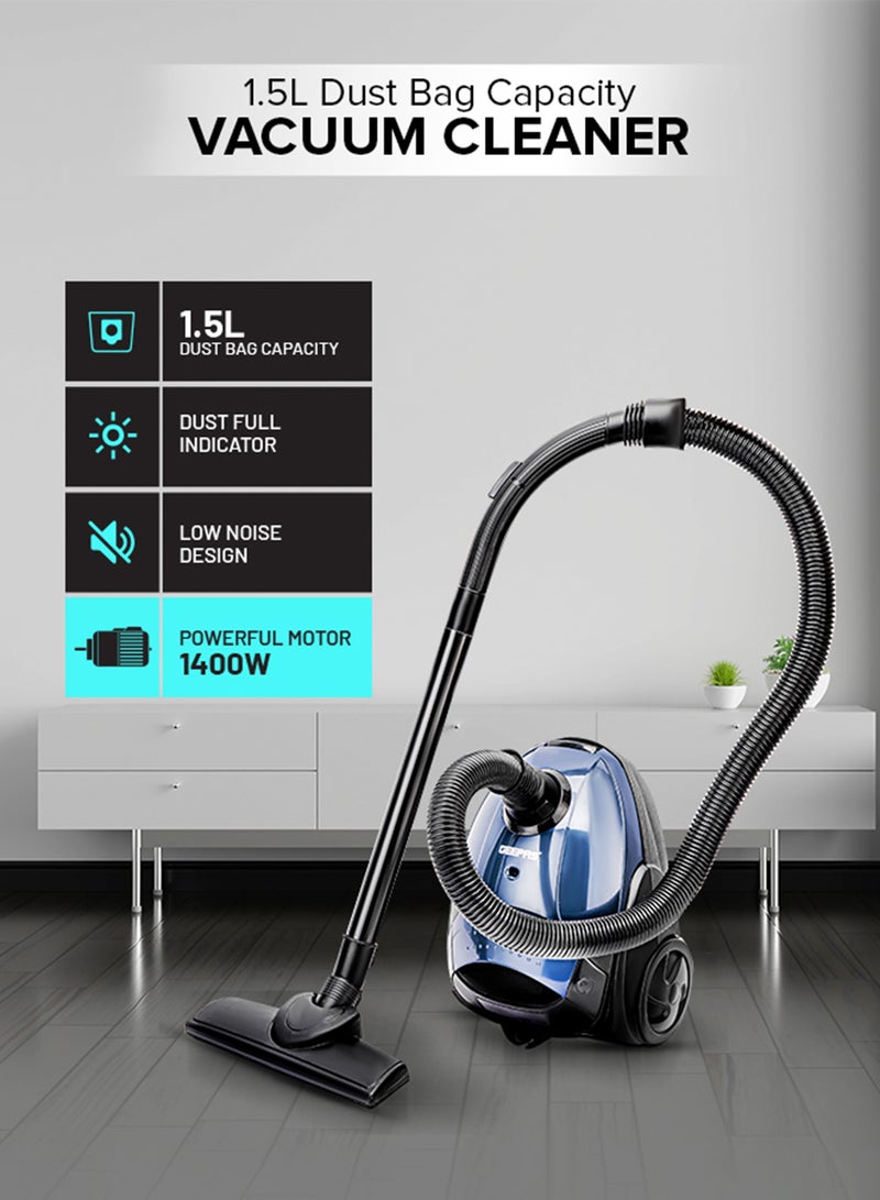 GEEPAS "Preview Vacuum Cleaner With Powerful Suction, Low Noise Design, Dust Full Indicator, Flexible Hose With Air Flow On Handle, Plastic Insert Tube, Dustbag 1.5L, Pedal Switch And Auto Rewinding Wire" 1.5 L 1400 W GVC2595 Blue, Black - Image 1