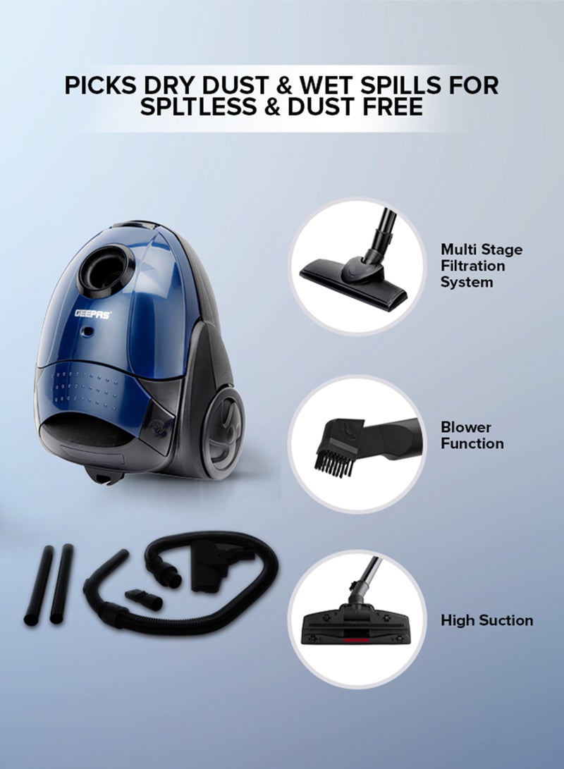 GEEPAS "Preview Vacuum Cleaner With Powerful Suction, Low Noise Design, Dust Full Indicator, Flexible Hose With Air Flow On Handle, Plastic Insert Tube, Dustbag 1.5L, Pedal Switch And Auto Rewinding Wire" 1.5 L 1400 W GVC2595 Blue, Black - Image 2