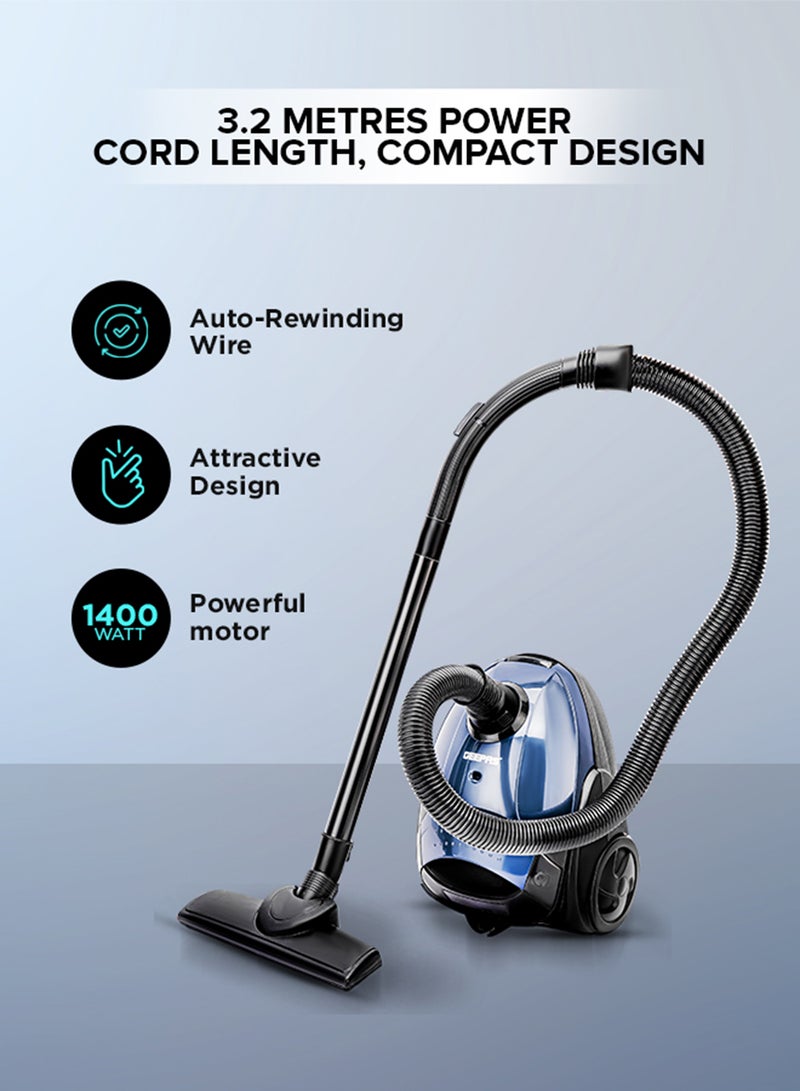 GEEPAS "Preview Vacuum Cleaner With Powerful Suction, Low Noise Design, Dust Full Indicator, Flexible Hose With Air Flow On Handle, Plastic Insert Tube, Dustbag 1.5L, Pedal Switch And Auto Rewinding Wire" 1.5 L 1400 W GVC2595 Blue, Black - Image 4