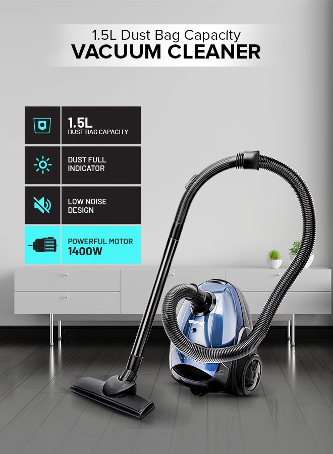 GEEPAS Vacuum Cleaner With Powerful Suction, Low Noise Design, Dust Full Indicator, Flexible Hose With Air Flow On Handle, Plastic Insert Tube, Dustbag 1.5L, Pedal Switch And Auto Rewinding Wire 1.5 L 1400 W GVC2595 Blue, Black - Image 1