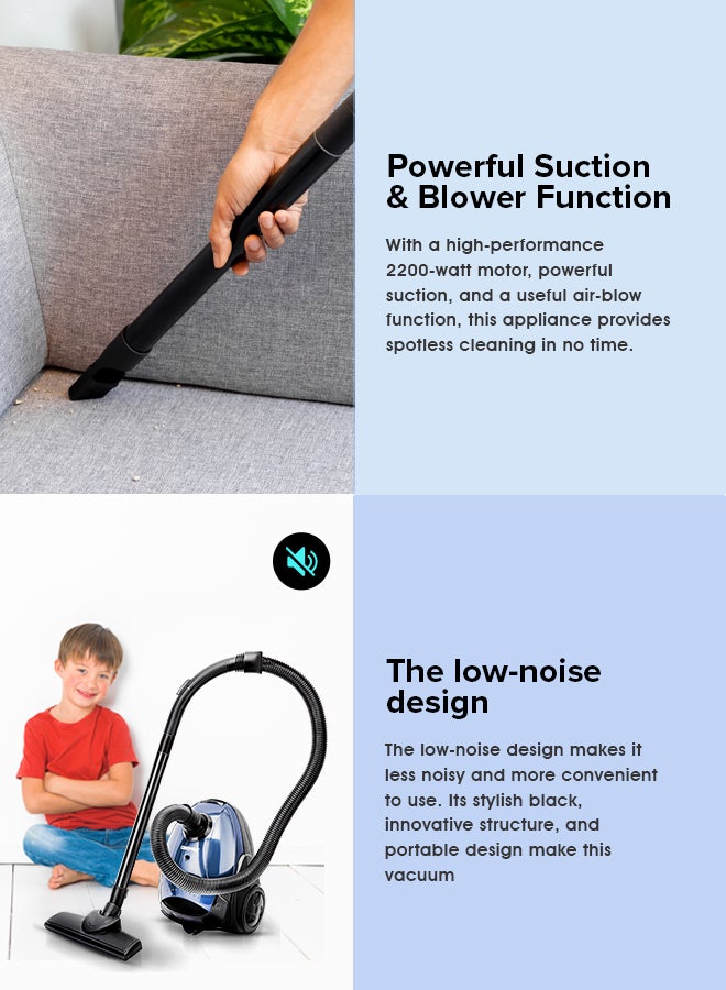 GEEPAS Vacuum Cleaner With Powerful Suction, Low Noise Design, Dust Full Indicator, Flexible Hose With Air Flow On Handle, Plastic Insert Tube, Dustbag 1.5L, Pedal Switch And Auto Rewinding Wire 1.5 L 1400 W GVC2595 Blue, Black - Image 5