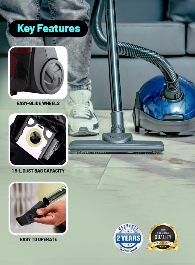 GEEPAS Vacuum Cleaner With Powerful Suction, Low Noise Design, Dust Full Indicator, Flexible Hose With Air Flow On Handle, Plastic Insert Tube, Dustbag 1.5L, Pedal Switch And Auto Rewinding Wire 1.5 L 1400 W GVC2595 Blue, Black - Image 3