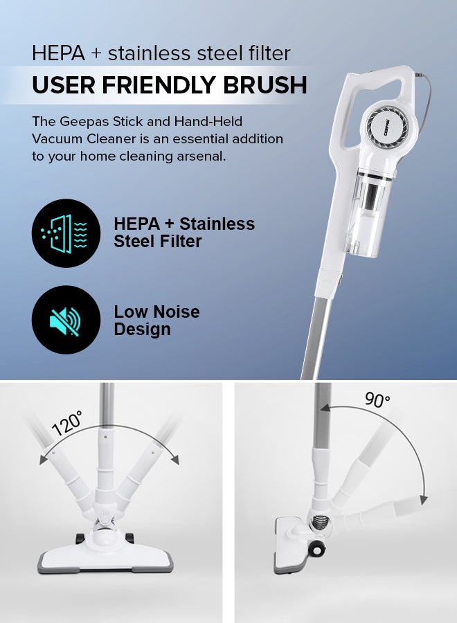 GEEPAS Stick & Handheld Vacuum Cleaner, HEPA Filter, Handheld & Stick, 0.9L Dust Bag Capacity, 600W Powerful Motor, Transparent Dust Cup for Easy Check, Lightweight Body & Low Noise 0.9 L 600 W GVC2596N White - Image 5