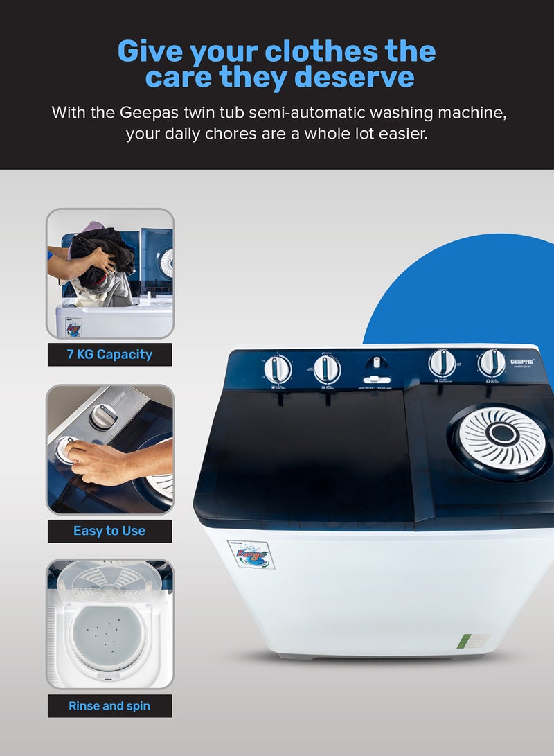 GEEPAS - Twin Tub Semi-Automatic Washing Machine 13 Kg| 7Kg Spin Capacity Equipped with Strong Pulsator and Air Dry Spinning Function| Efficient Performance and Classic Design| Perfect for Home, Apartments | 1 Year Warranty 820 W GSWM18014N White/Blue - Image 1