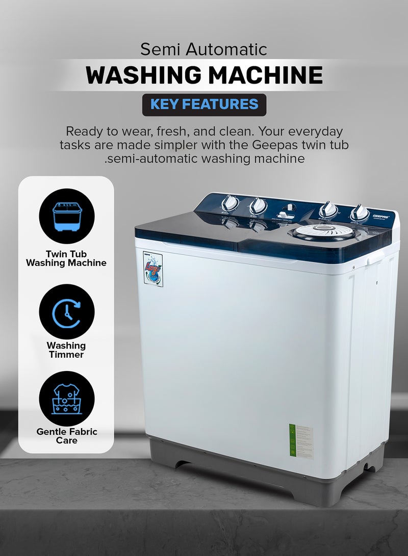 GEEPAS - Twin Tub Semi-Automatic Washing Machine 13 Kg| 7Kg Spin Capacity Equipped with Strong Pulsator and Air Dry Spinning Function| Efficient Performance and Classic Design| Perfect for Home, Apartments | 1 Year Warranty 820 W GSWM18014N White/Blue - Image 1