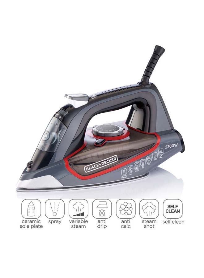 BLACK+DECKER Steam Iron with Ceramic Soleplate, 380ml Water Tank, Powerful Steam Burst, Adjustable Thermostat, Shockproof Body, 27 Steam Vents for Even Heat Distribution, 380 ml 2200 W X2050-B5 Grey/Black - Image 1