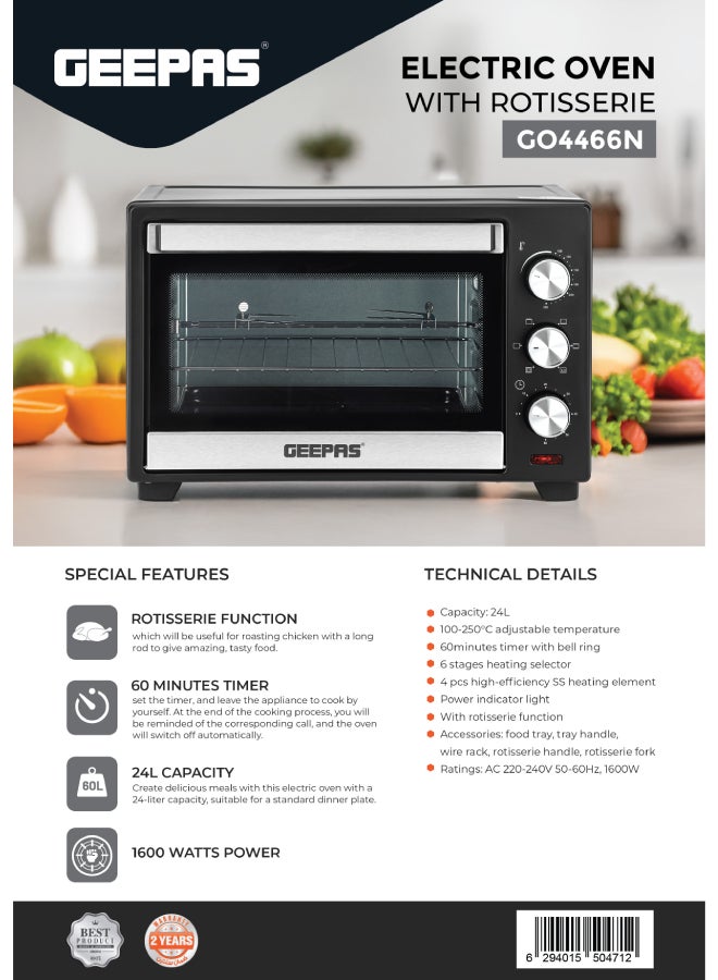 GEEPAS - 24 L Electric Oven with Rotisserie Function|  1600 W, Easy to Use Control Knobs, Adjustable Temperature, 60 Minutes Timer| Perfect for Baking, Roasting, Cooking Meat, Vegetables, Cakes, Etc.| 2 Years Warranty 24 L 1600 W GO4466 Black/Silver - Image 1